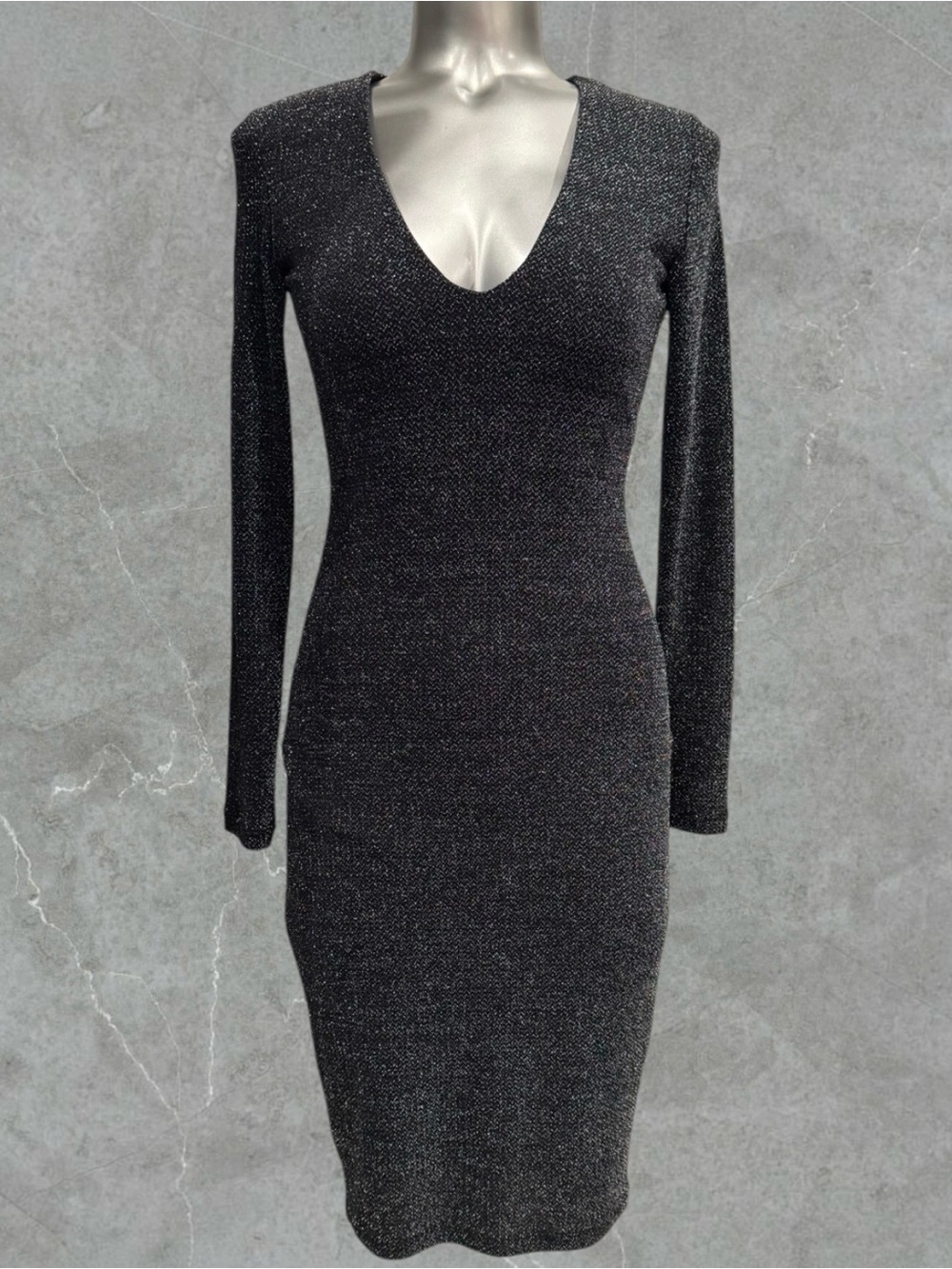 Dynamite Black Metallic Knit Long-Sleeve V-Neck Dress